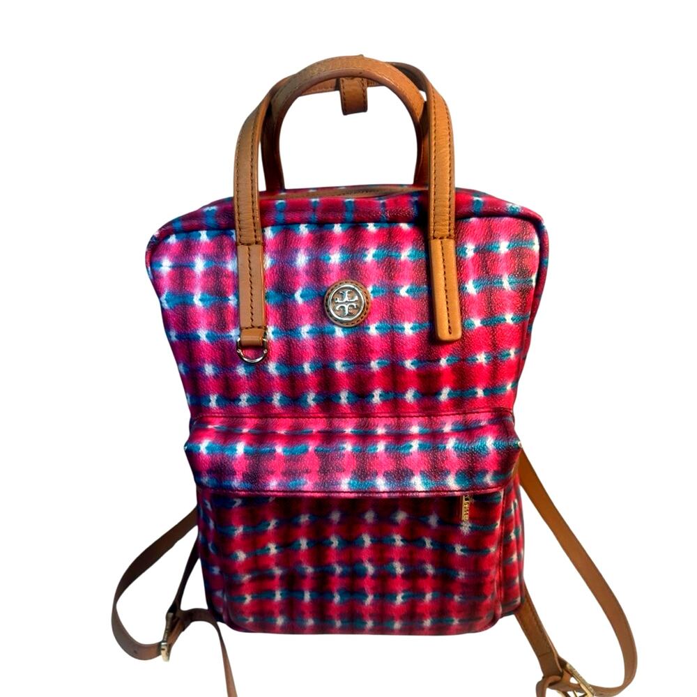 Tory Burch multicolor printed backpack with tan leather trim, top handle bag.